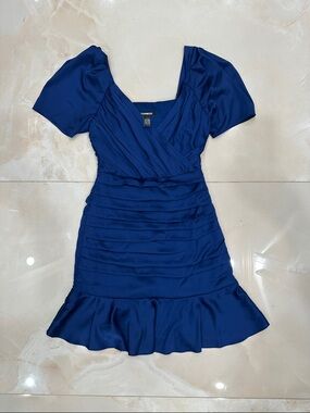 Express Royal Blue Puff-Sleeve Ruffled-Hem Mini Dress